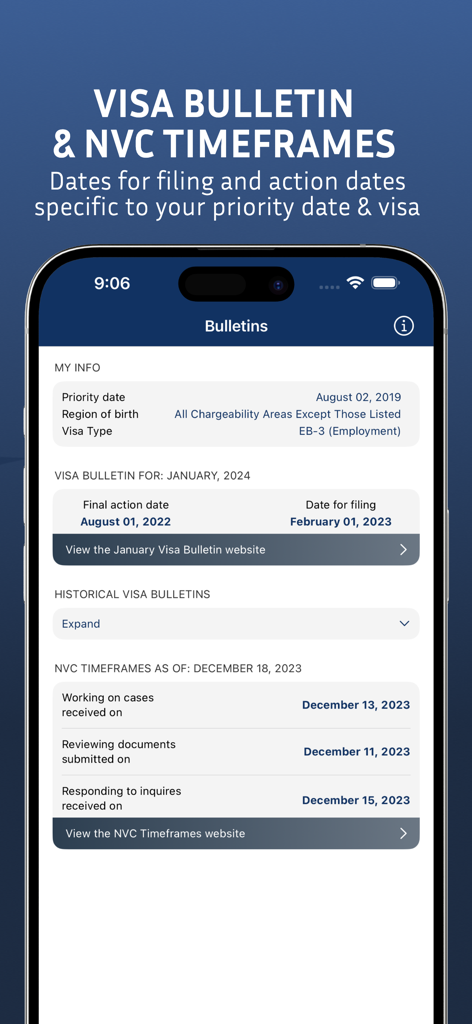 Screenshot of the Case Tracker app showing the Visa Bulletin and NVC processing timeframes