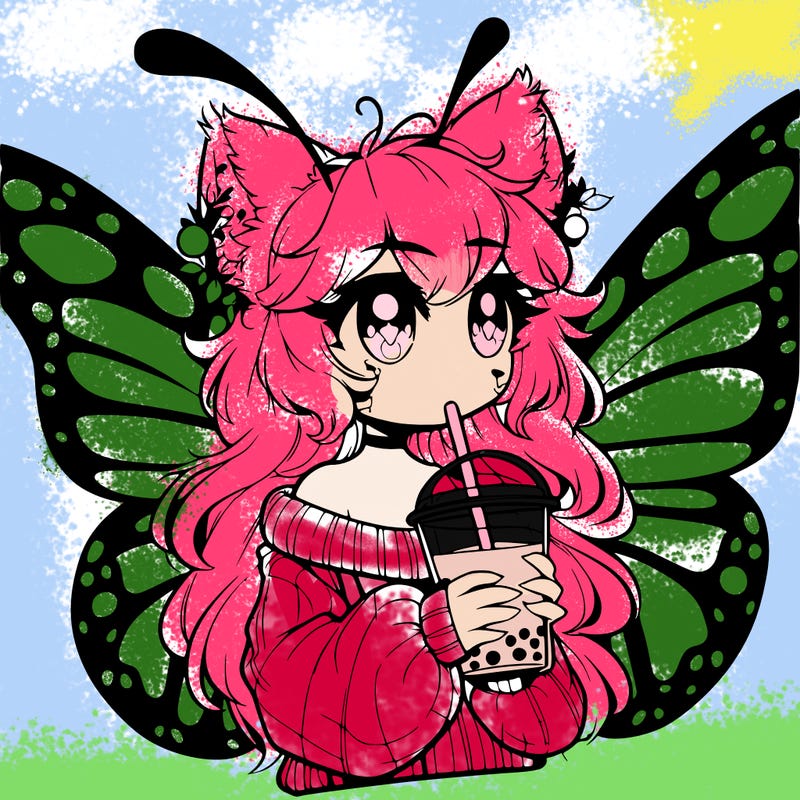 a realistic butterfly/furry girl drinking boba