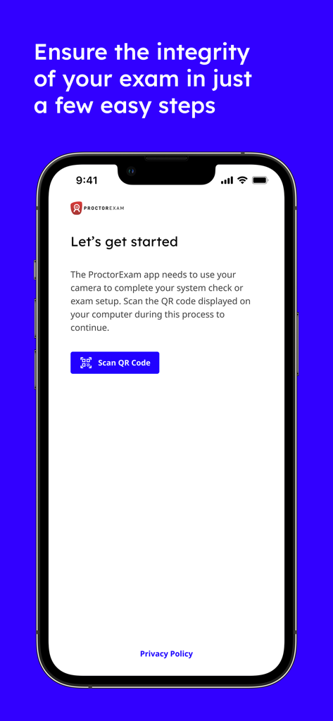 ProctorExam - Pantalla de introducción de la aplicación móvil ProctorExam con un botón Escanear Código QR para la configuración de evaluación remota.