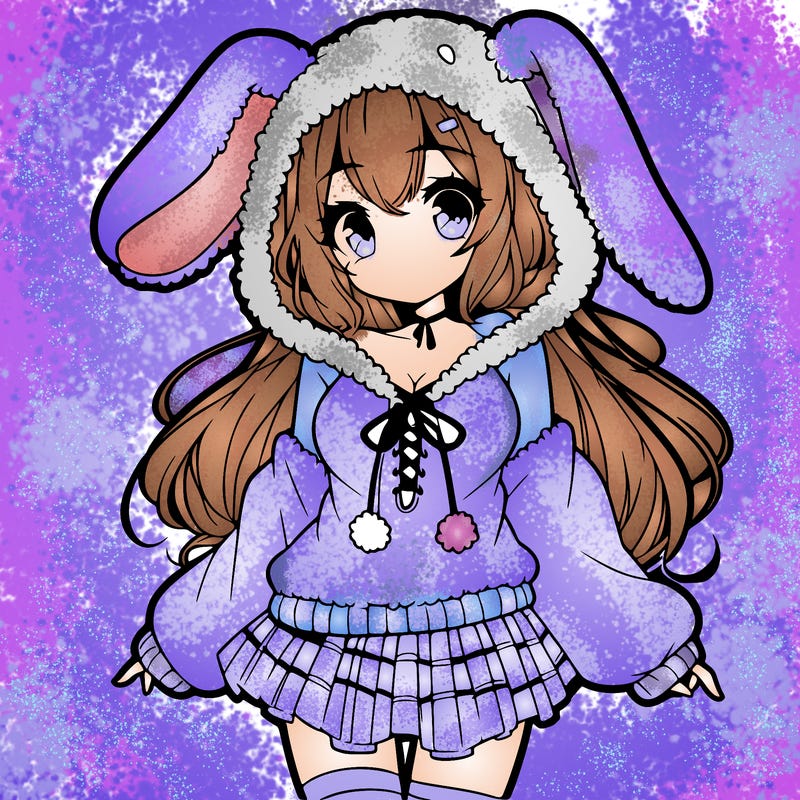 pretty anime girl wearing a fluffy hoodie with bunny ears on the hood and a skirt
