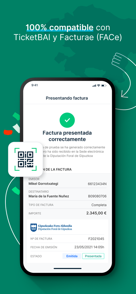 Presupuestos y facturas Billin - Interfaz de la aplicación Billin que muestra una factura enviada correctamente y conforme a TicketBAI y Facturae