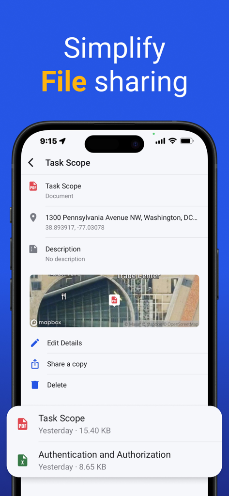 360° Track - 360 Track モバイルアプリのスクリーンショット。タスクスコープ画面にファイル共有オプション、ドキュメント詳細、ワシントン DC の地図上の場所が表示されています。
