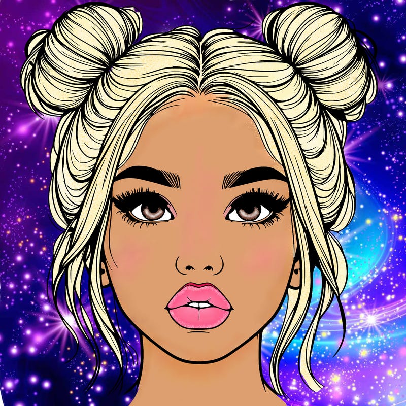 realistic girl with two buns on her hair and lips