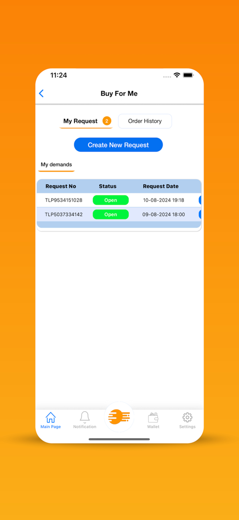 Yollando Global Shopping - Yollando app Buy For Me screen showing a list of open shopping requests and a button to create new request