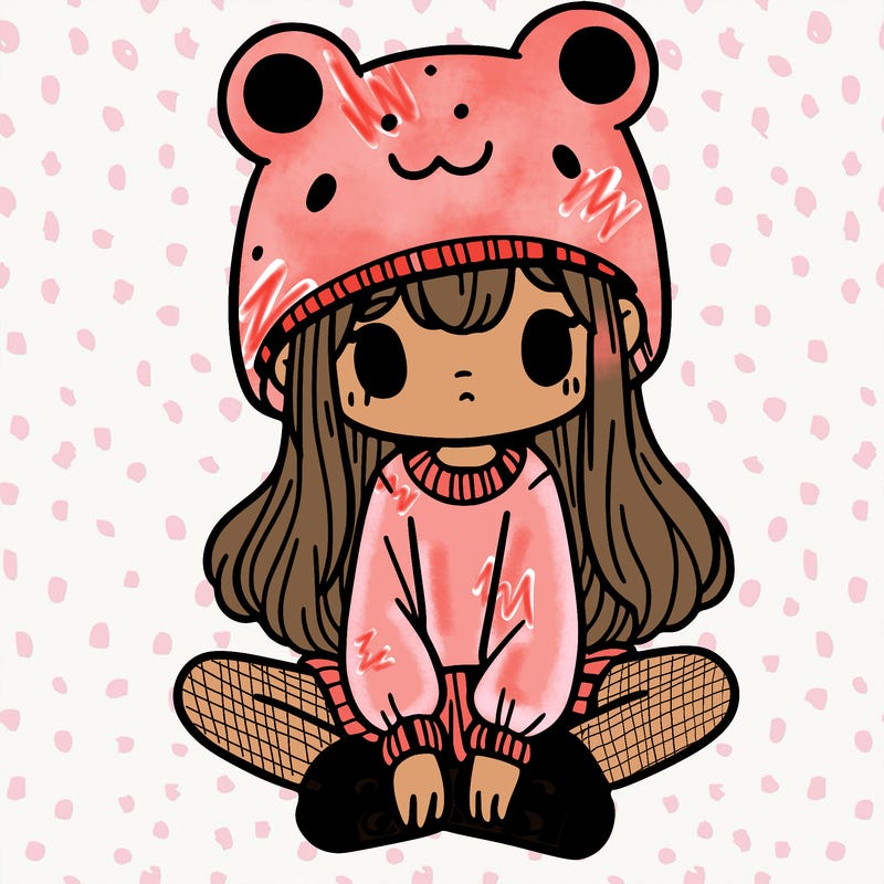 a girl wearing a frog hat and some frog socks