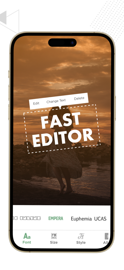Typoramaを使用して夕日の写真に太字のテキストオーバーレイを追加するためのモバイルアプリインターフェース