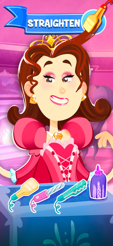 Princesa de dibujos animados alisándose el pelo en un juego de salón de belleza
