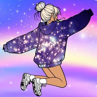 realistic girl jumping with a bun and oversized sweatshirt
