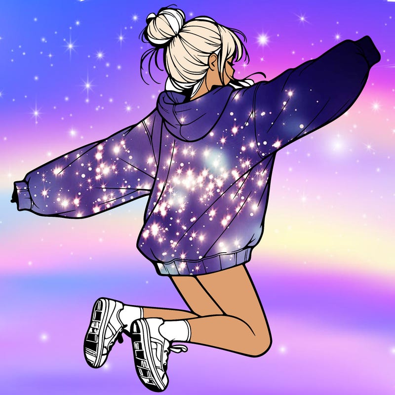 realistic girl jumping with a bun and oversized sweatshirt