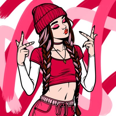 realistic teenage girl with braids and a beanie and crop top doing 🫶🏼
