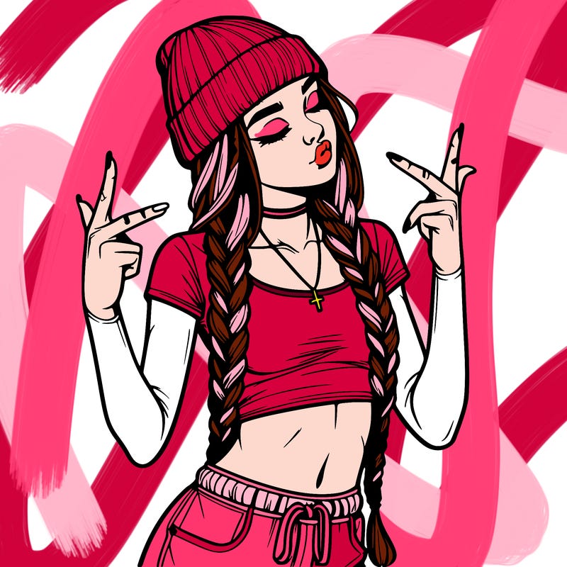 realistic teenage girl with braids and a beanie and crop top doing 🫶🏼