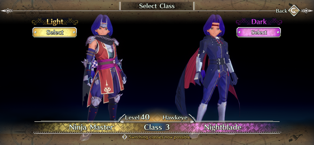 Hawkeye character class selection screen in Trials of Mana showing light and dark options