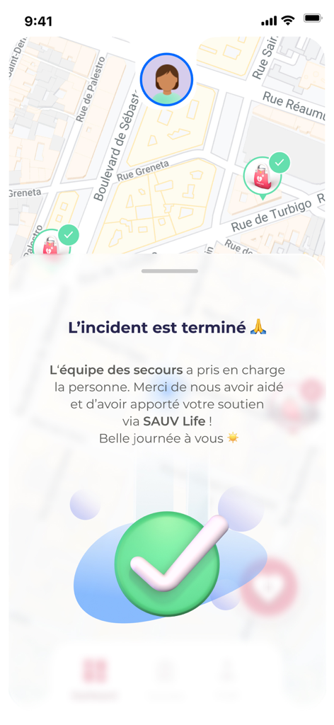 SAUV Life - Interface of the SAUV Life app showing a map and a confirmation message that an emergency incident has been resolved and rescue teams have taken charge.