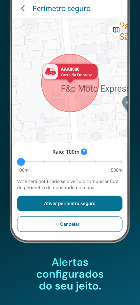 GConnect app interface showing the configuration of a secure perimeter alert for a vehicle