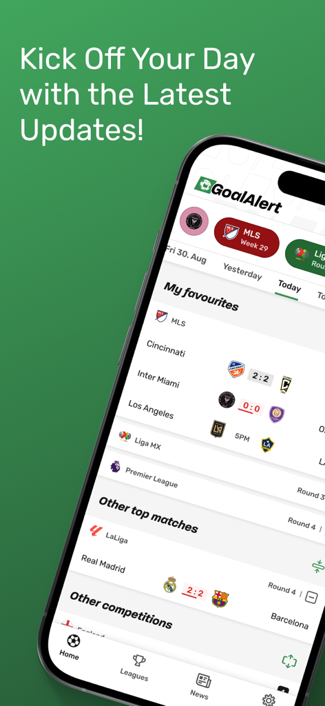 TorAlarm Live Scores - TorAlarm Mobile App zeigt Live-Fußballergebnisse für MLS- und LaLiga-Spiele.