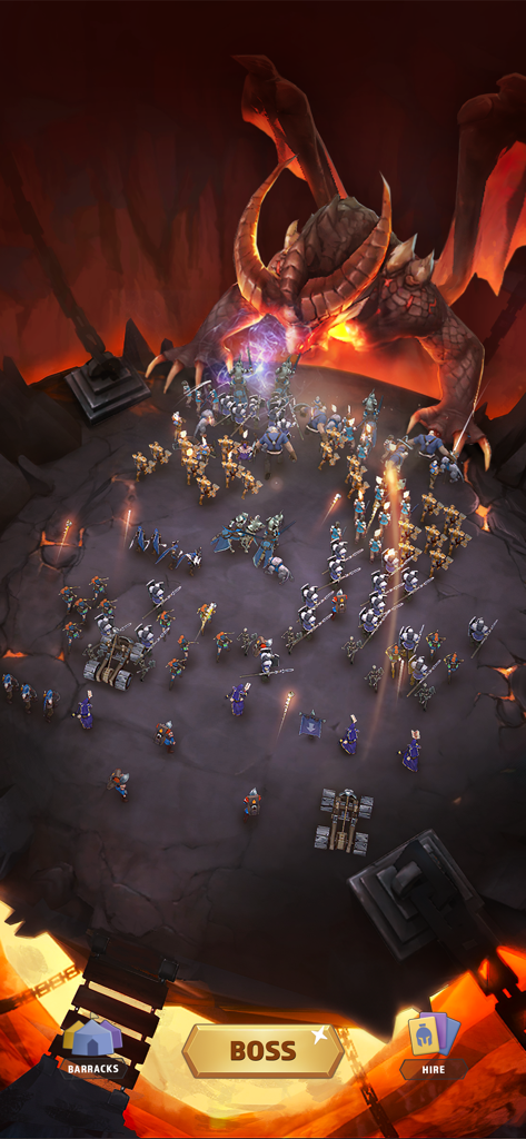 Kingdom Clash：Medieval Defense - De minuscules unités d'armée attaquant un dragon de feu géant dans un simulateur de bataille tactique médiévale.
