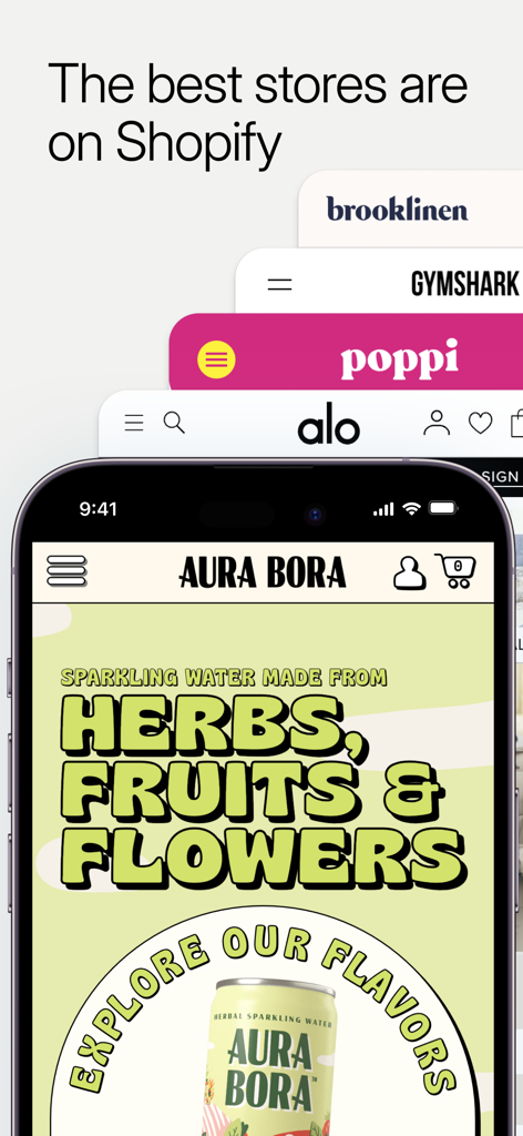 Un smartphone présentant différentes marques à succès utilisant la plateforme Shopify pour leurs boutiques en ligne