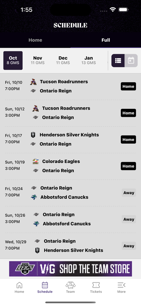 Ontario Reign - Ontario Reign mobile app game schedule view showing upcoming home and away matches with dates and times