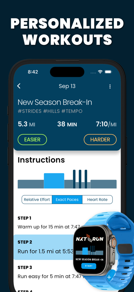 NXT RUN - AI Running Coach - NXT RUN mobile app displaying a personalized running workout with pace and distance metrics alongside an Apple Watch integration
