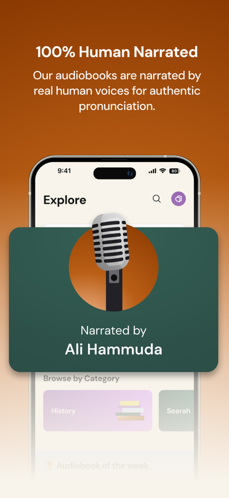 A mobile screen from the Chaptrs app showing a card for an audiobook narrated by Ali Hammuda with a headline about 100 percent human narrated content.