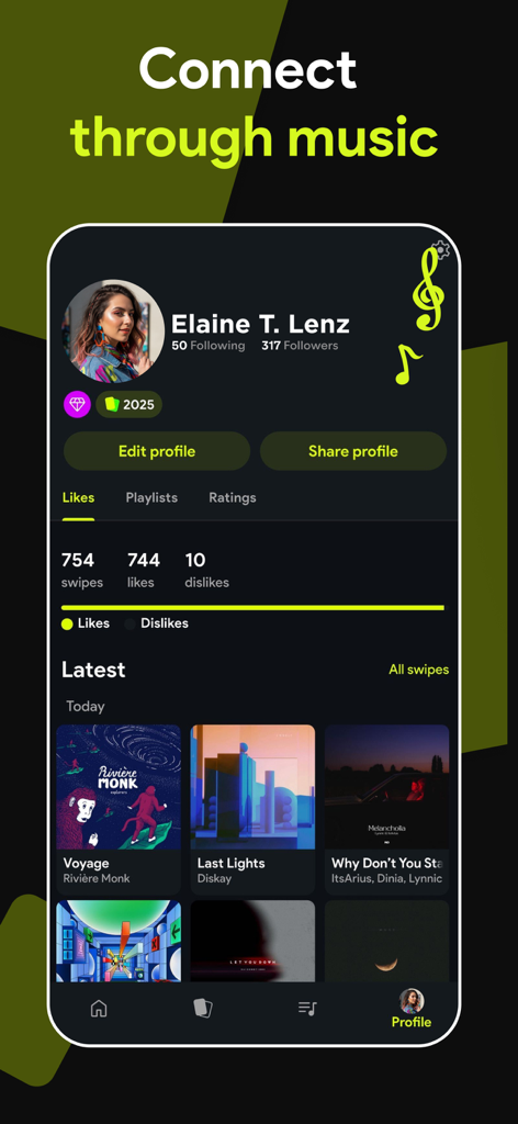 Swipefy app user profile showing music discovery stats and latest liked tracks