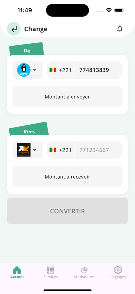 Samir Moneyアプリの通貨換算画面。セネガルのWaveとOrange Moneyモバイルウォレット間の通貨換算が表示されている