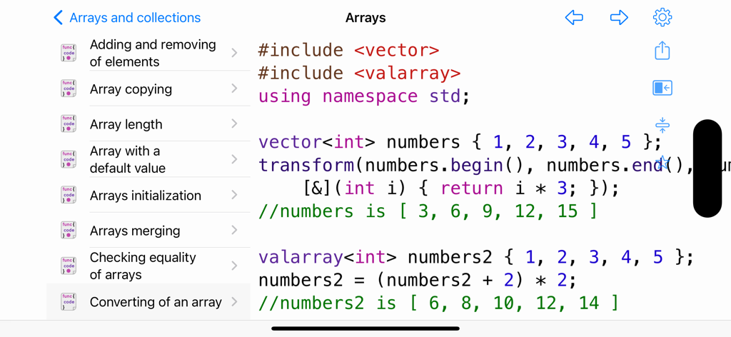 C++ Recipes - C plus plus Recipes app showing code snippets for array transformations and valarray operations