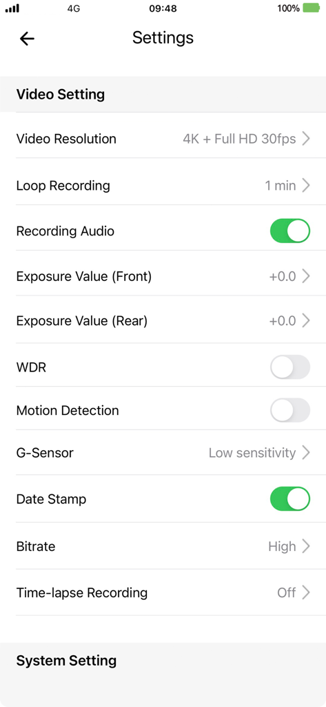 VIOFO - VIOFO app video settings screen showing dashcam resolution and recording options