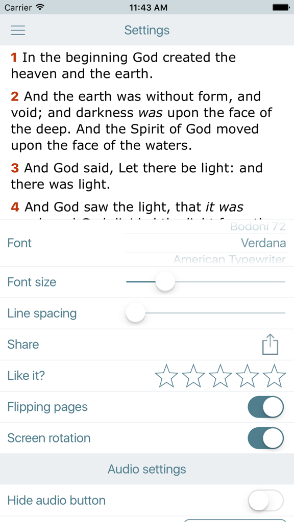 Bible Offline with Red Letter - The settings menu of the Bible Offline app featuring font and display customization options over the Book of Genesis