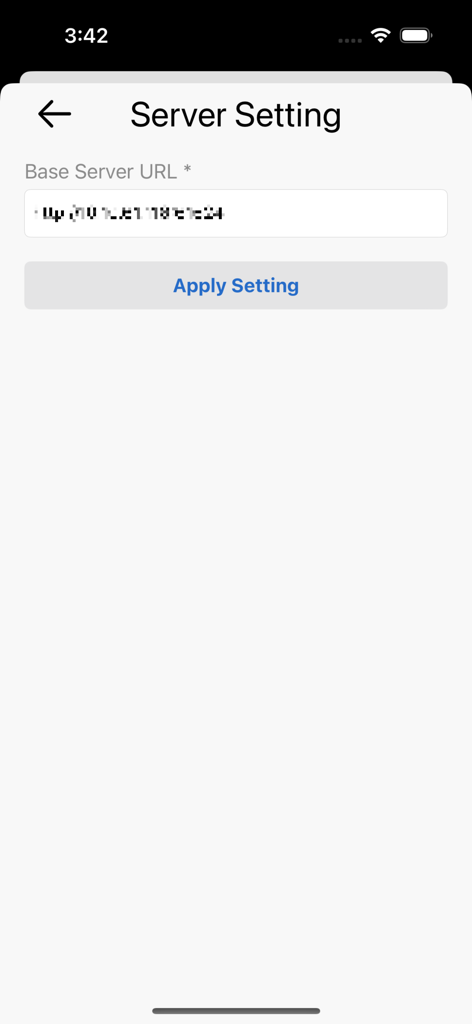 ULite - Server setting screen in the ULite medical app to configure the hospital base server URL