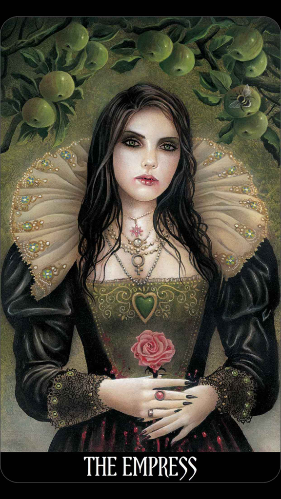 Gothic style tarot card illustration of The Empress featuring a woman in a Victorian ruff holding a red rose with apples in the background
