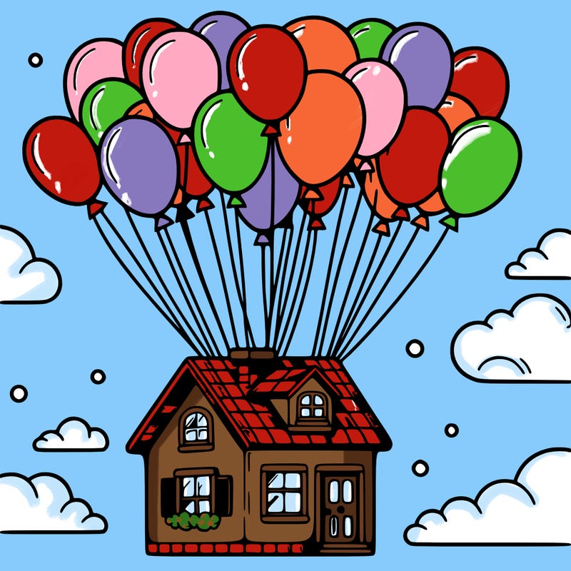 house floating from lots of balloons