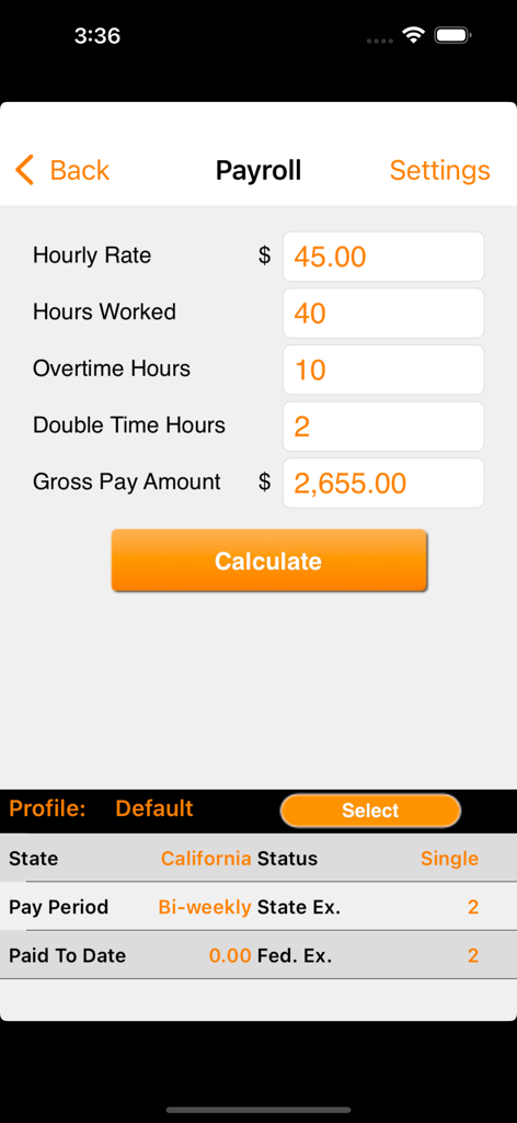 Tela do aplicativo móvel Payrollguru mostrando uma calculadora de folha de pagamento com campos para taxa horária, horas trabalhadas e cálculo de salário bruto
