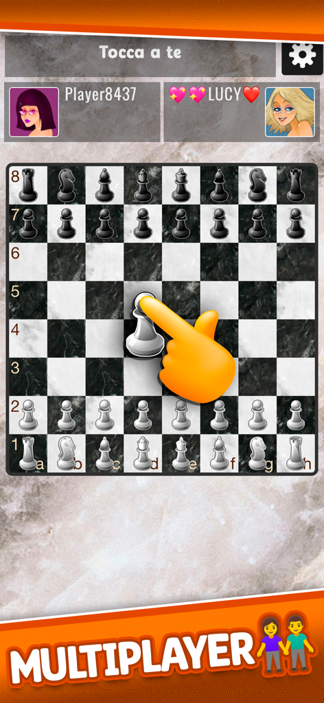 Chess Plus - Board Game - Ein Multiplayer-Schachspiel auf einem mobilen Bildschirm mit Marmorbrett und Cartoon-Avataren