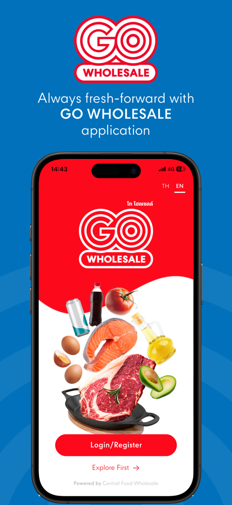 Smartphone displaying the GO WHOLESALE app home screen with images of fresh food and a login button