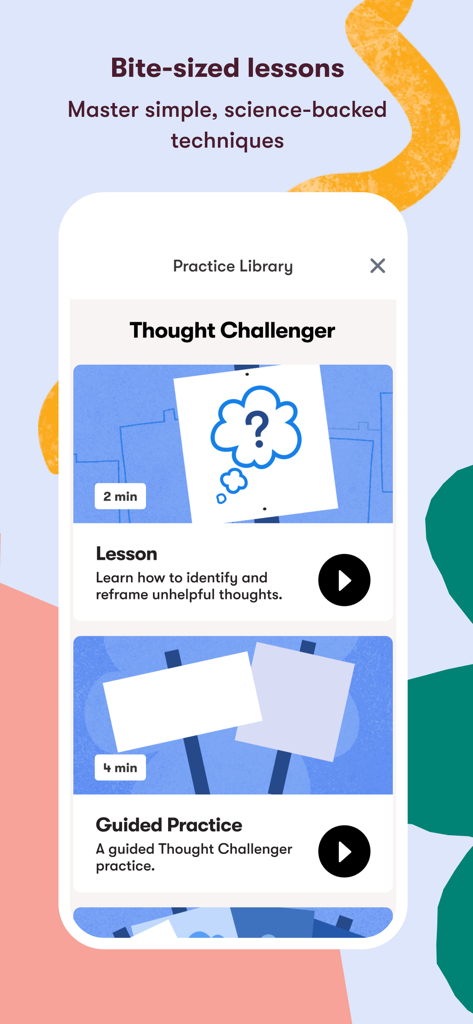 Daylight - Worry Less - A screenshot of the Daylight app showing short lessons and guided practices in the Thought Challenger section
