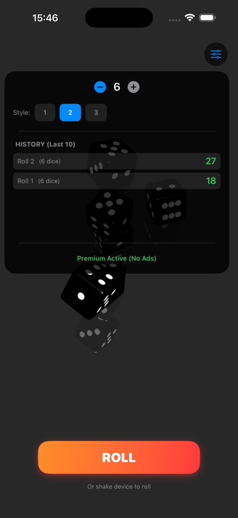 Pocket Dice - 3D Roll - Interfaz de la aplicación Pocket Dice 3D que muestra seis dados negros en movimiento y un historial de resultados de lanzamientos anteriores.
