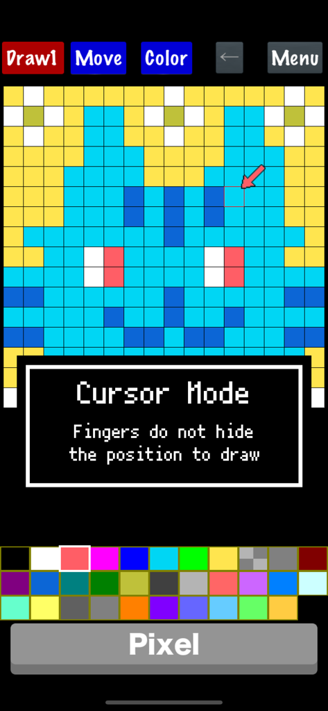 Pixel Art Maker - Uma captura de tela do aplicativo Pixel Art Maker mostrando o recurso de modo cursor para desenho preciso.