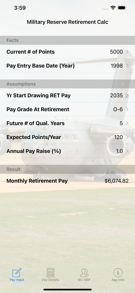 Interface of the Military Reserve Retirement app showing pension calculation based on points and pay grade