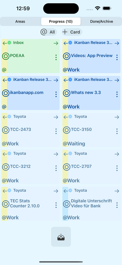 iKanban - iKanban app screenshot showing multiple task cards in the Progress section.