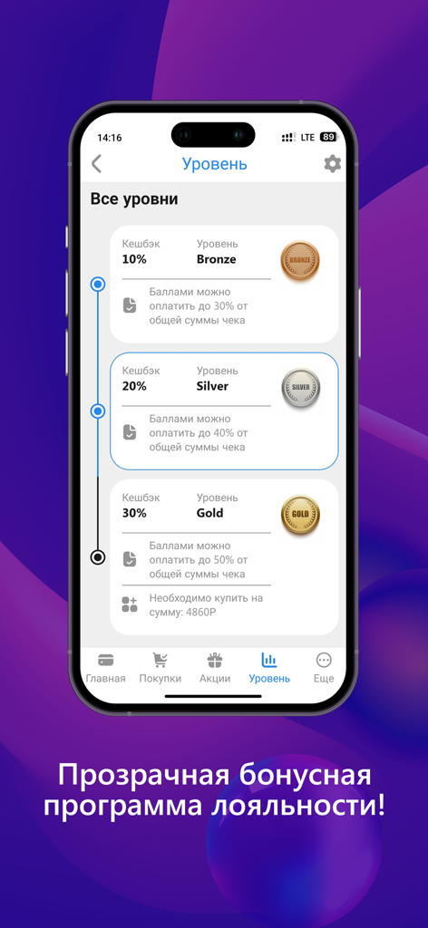 Bonus Money - ボーナス・マネーアプリの画面に、キャッシュバック率とともにブロンズ、シルバー、ゴールドのロイヤルティティアが表示されています