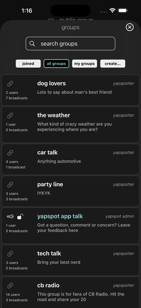 A list of various interest groups on the YapSpot mobile application