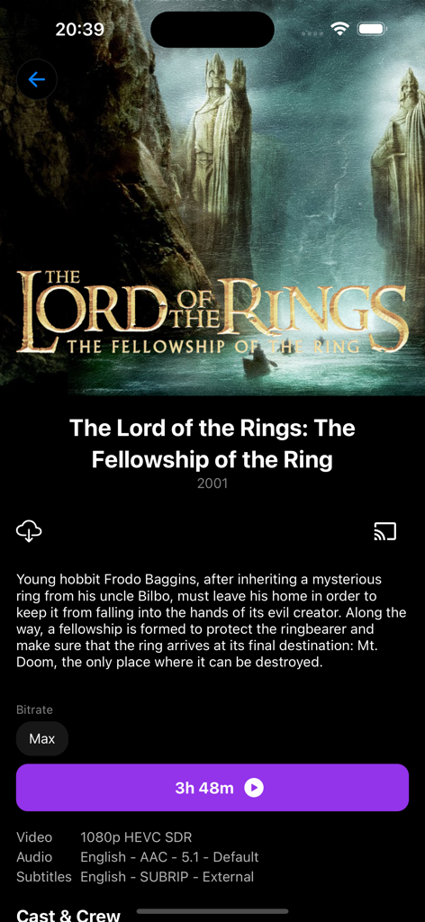 Pagina dei dettagli del film Il Signore degli Anelli nell'app Streamyfin che mostra le opzioni di riproduzione e download