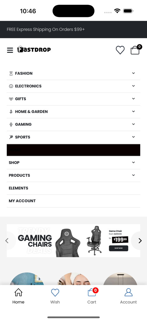 Interfaz de la aplicación móvil FastDrop que muestra categorías de compras como moda y electrónica con un banner promocional de silla gamer.