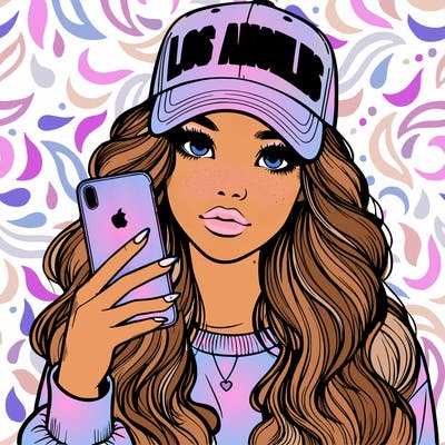 realistic beautiful girl wearing los ángeles cap holding an iphone