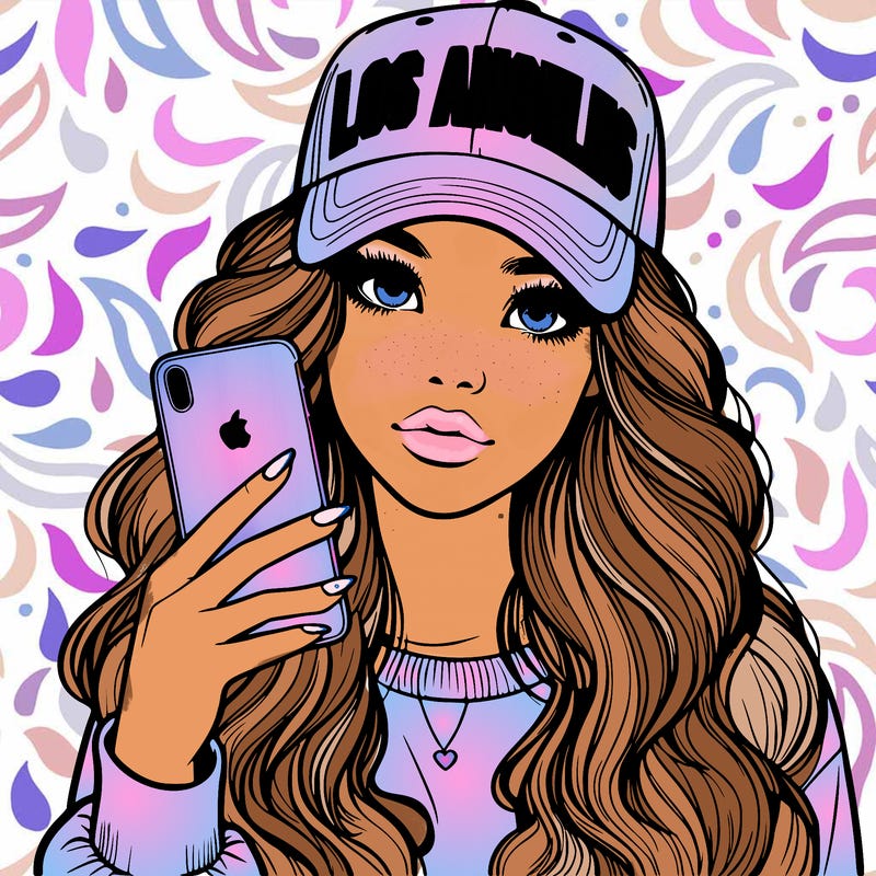 realistic beautiful girl wearing los ángeles cap holding an iphone