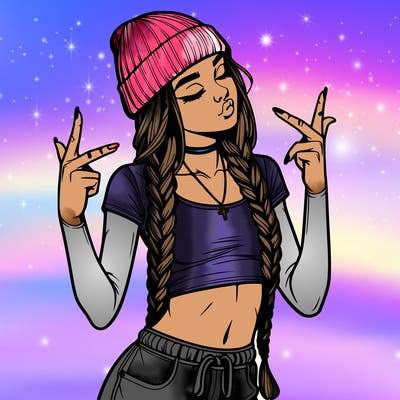 realistic teenage girl with braids and a beanie and crop top doing 🫶🏼
