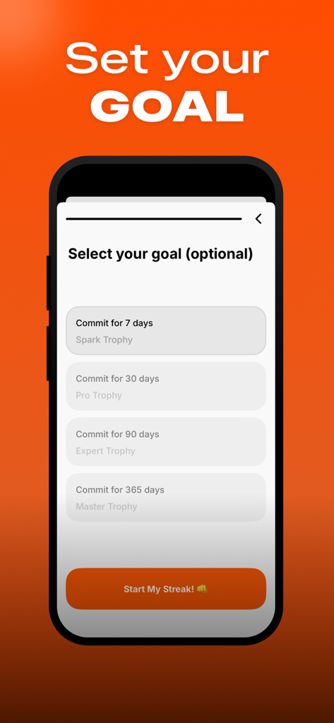 StreakUp mobile app screen for selecting a habit commitment goal with different trophy rewards