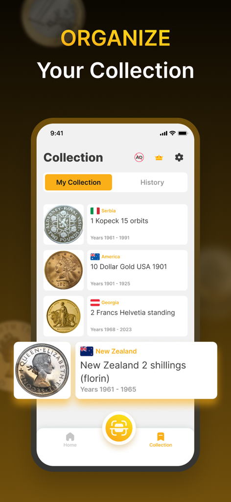 Der Sammlungsbildschirm der Coin Identifier App mit verschiedenen identifizierten Münzen