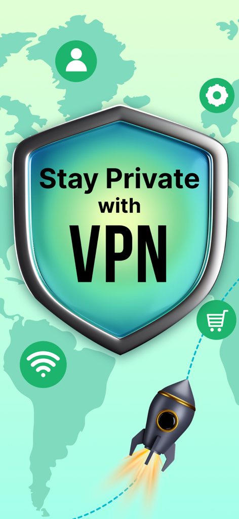 Stay Private with VPN shield illustration featuring a world map and a rocket for speed